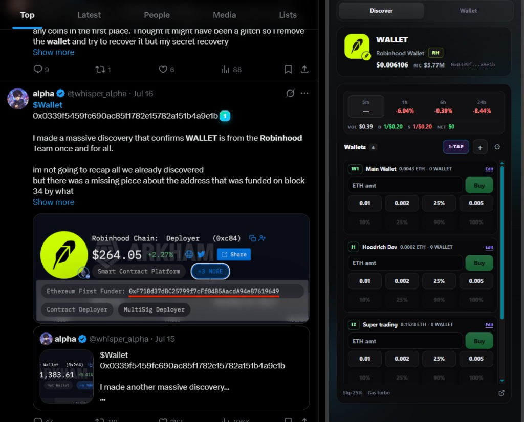 Chouette Wallet side panel detecting and trading a token found on X